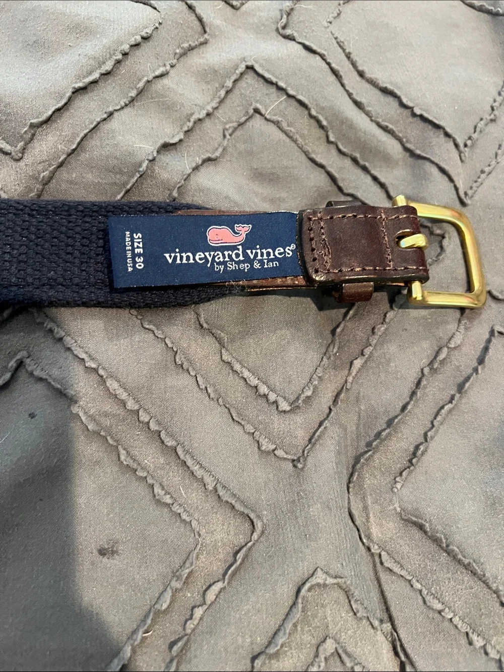 Vineyard Vines Navy Patterned Elastic Belt with Brown Leather Trim